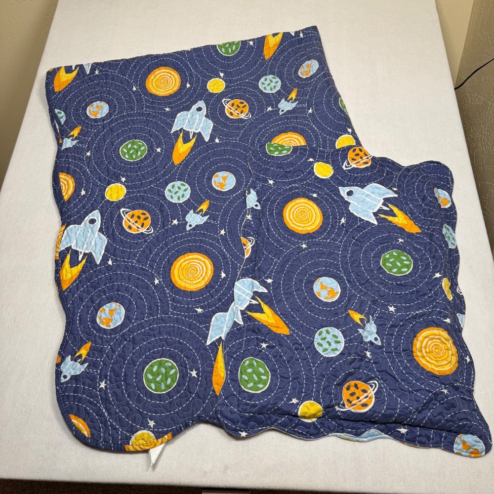 Smiling Home Kids Space Rocket Planet Twin Quilt Set Navy Blue Reversible 2pc